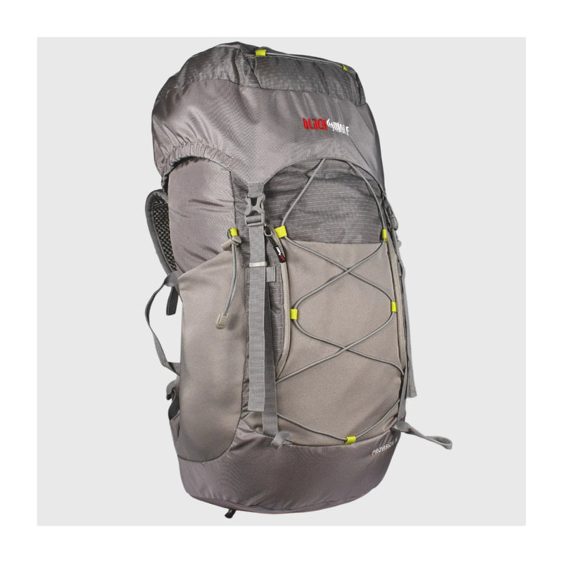 Paloma | Black Wolf Provision 55L Hiking Pack.  Angled Front View Fully Packed. 