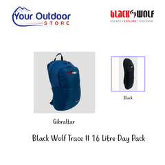 Black Wolf Trace II 16 Litre Day Pack. Hero Image Showing Variants, Logos and Title. 