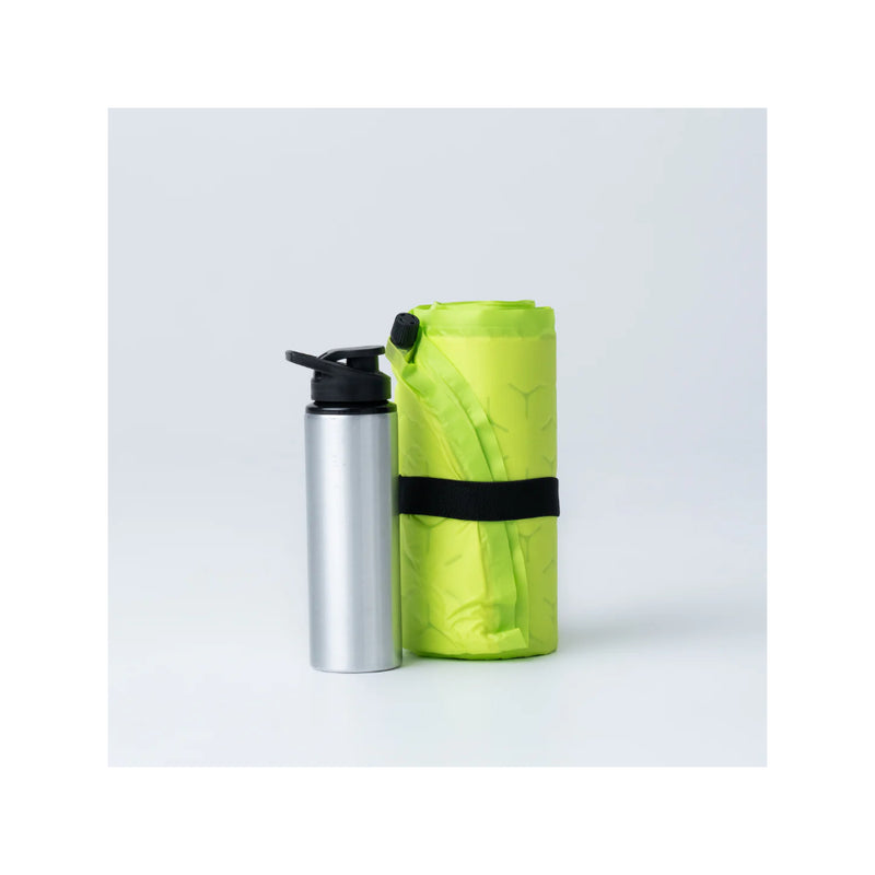 Acid Lime | Black Wolf Ultralight Hiker ll - 3/4 Length Image Showing Mat Rolled Up Next To A Drink Bottle For Size Comparison.