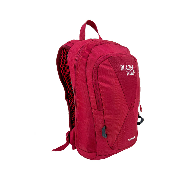 Tibetan Red | Black Wolf Yanga 13 Litre Day Pack. Angled Front View Fully Packed. 