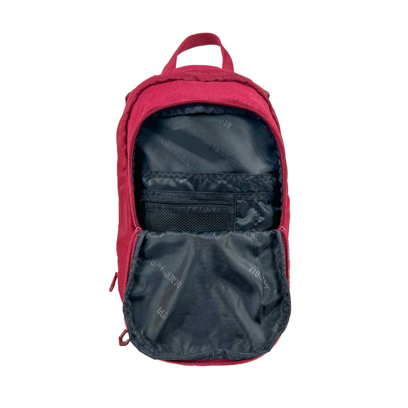 Tibetan Red | Black Wolf Yanga 13 Litre Day Pack. Front View With Pocket Open.