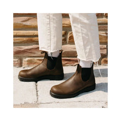 Antique Brown |1609 Elastic Sided Boot Lined Image Showing Boots On A Model , On The Side Walk.