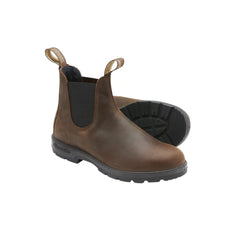 Antique Brown | Blundstone 1609 Elastic Sided Boot Lined Image Showing Angled View With One Boot Laying Down To Show The Bottom Of The Boot.