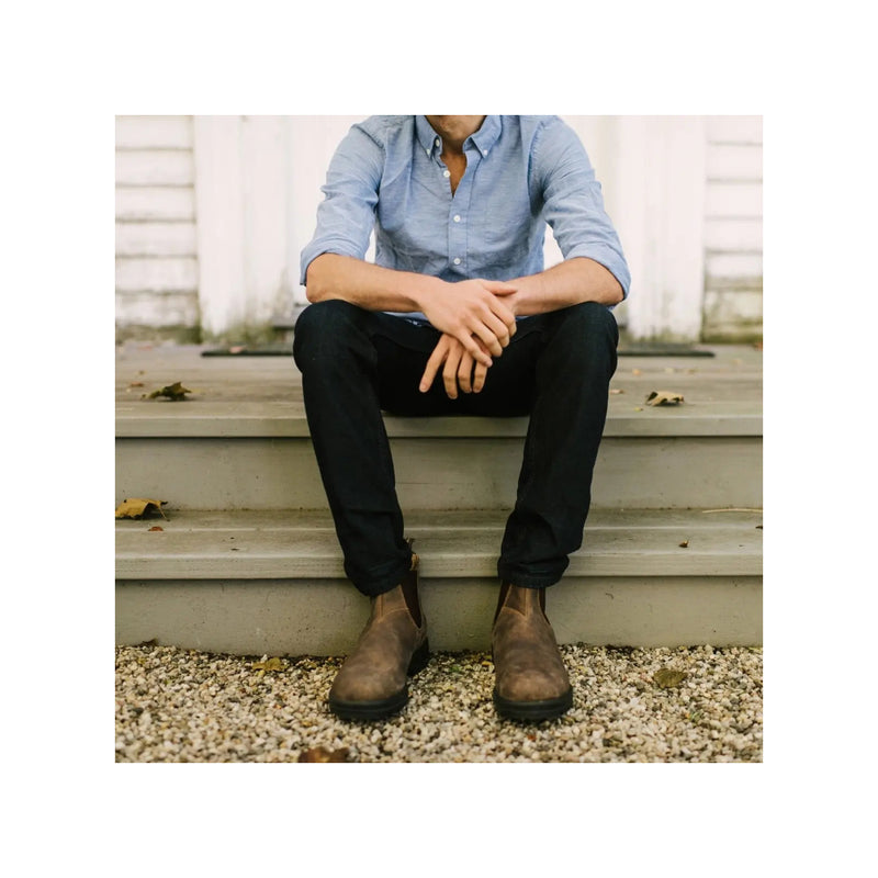 Rustic Brown | Blundstone 585 Elastic Sided Boot Image Showing A Model Wearing The Boots.