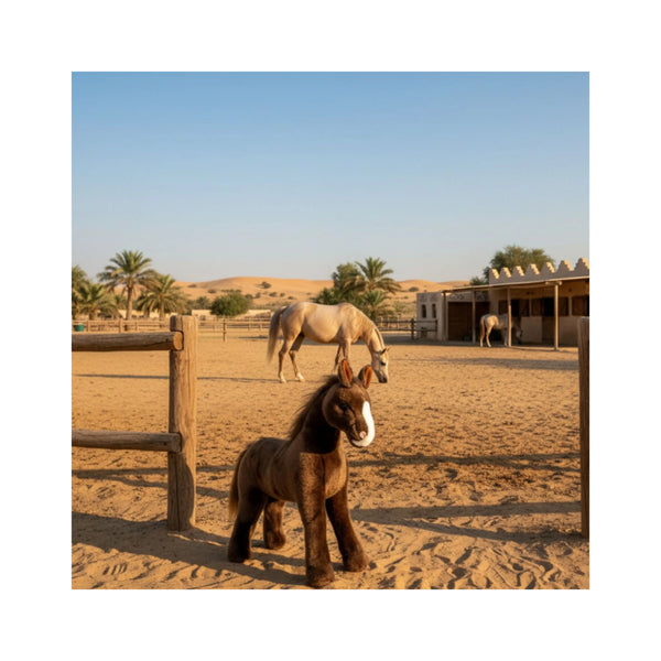 Makybe | Bocchetta Plush Toys Arabian Horse - Makybe Image Showing The Stuffed Toy Standing In A Sand Arena Infront Of A Real Horse.