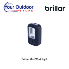 Brillar Mini Work Light. Hero Image Showing Logos and Title. 