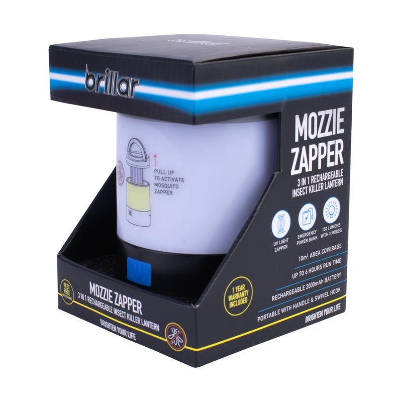 Blue/White/Black | Brillar Rechargeable Mozzie Zapper And Lantern. Showing Side of Packaging. 