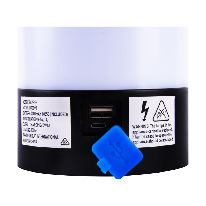 Blue/White/Black | Brillar Rechargeable Mozzie Zapper And Lantern. Showing USB Plug. 