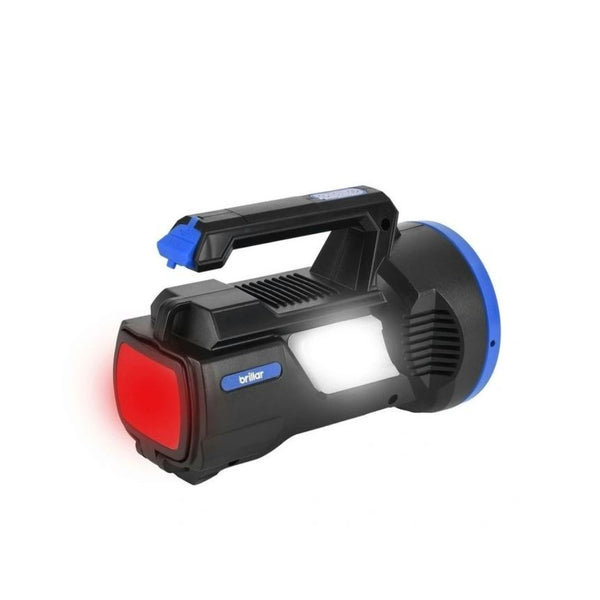 Black | Brillar Rechargeable Searchlight Image Showing Angled Back View, Lights On.
