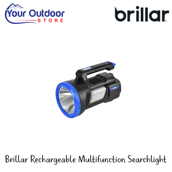 Brillar Rechargeable Multifunction Searchlight | Hero Image Showing All Logos And Titles.