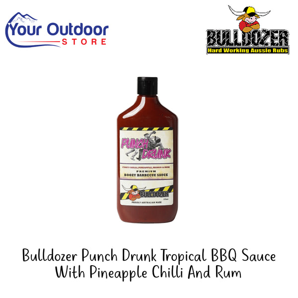 Bulldozer Punch Drunk Tropical BBQ Sauce With Pineapple Chilli And Rum | Hero Image Showing All Logos And Titles.