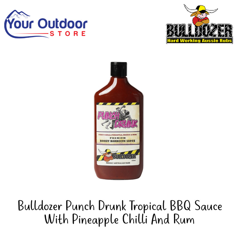 Bulldozer Punch Drunk Tropical BBQ Sauce With Pineapple Chilli And Rum | Hero Image Showing All Logos And Titles.