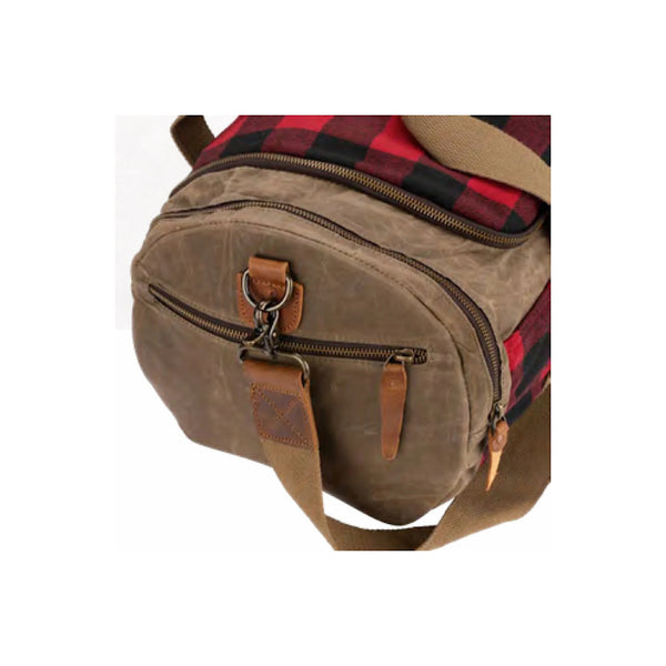 Brown/Check | Burke And Wills Barton Carry Bag Image Showing Close Up View Of The Side Zippered Pocket And The Shoulder Strap.