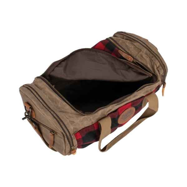Brown/Check | Burke And Wills Barton Carry Bag Image Showing Top View, With The Main Zippered Pocket Open.