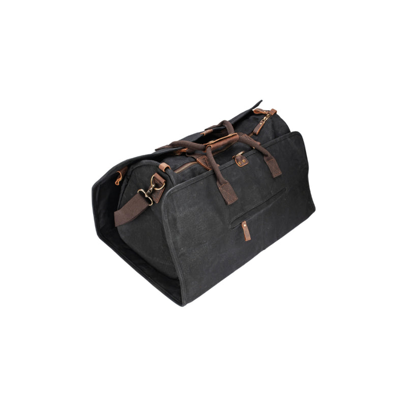 Black | Burke And Wills Foley Duffle And Suit Bag Image Showing Angled Side View, With Suit ag Attached Around The Duffle Bag.