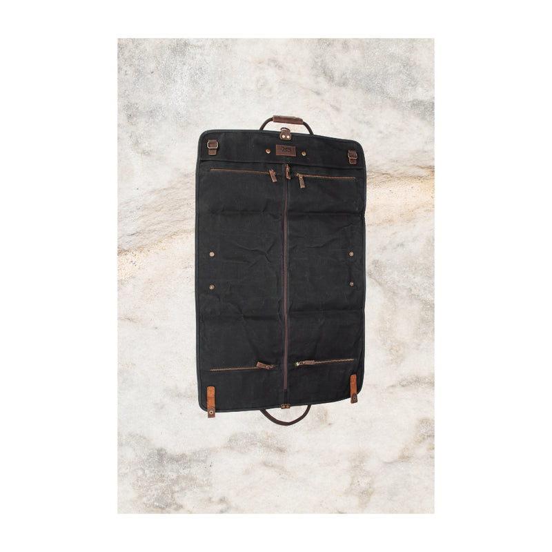 Black | Burke And Wills Foley Duffle And Suit Bag Image Showing View Of The Sit Bag Laid Out Flat.