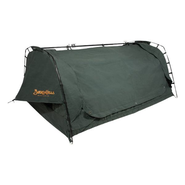 Forest Green / Double | Burke And Wills Grampian Swag Image Showing Angled View Of The Sag With The Canvas Zipped Down.