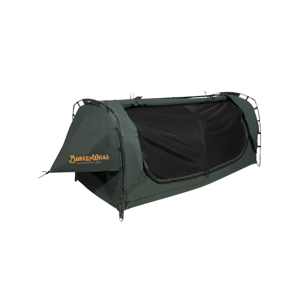 Forest Green /  King Single | Burke And Wills Grampian Swag Image Showing Fly Net Zipped Closed.