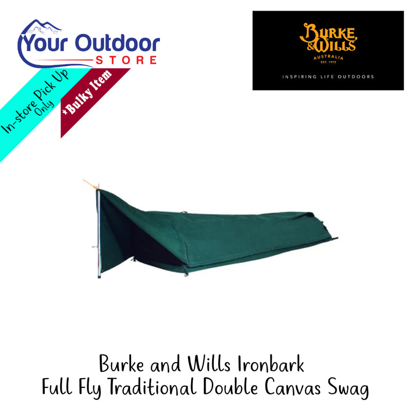 Burke & Wills Ironbark Full Fly Traditional Double Canvas Swag | Hero Image Showing All Logos And Titles.