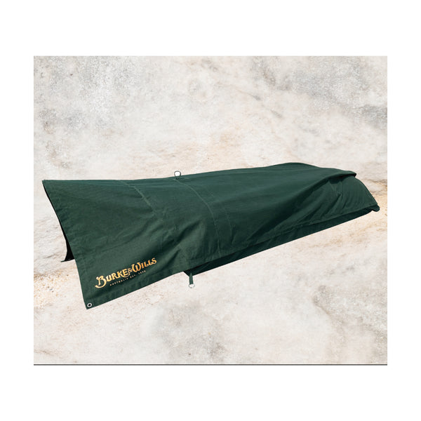 Forest Green | Burke & Wills Ironbark King Single Plus Traditional Canvas Swag Image Showing Swag Set Up With Logo In View.