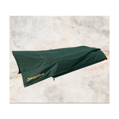 Forest Green | Burke & Wills Ironbark King Single Plus Traditional Canvas Swag Image Showing Swag Set Up With Logo In View.