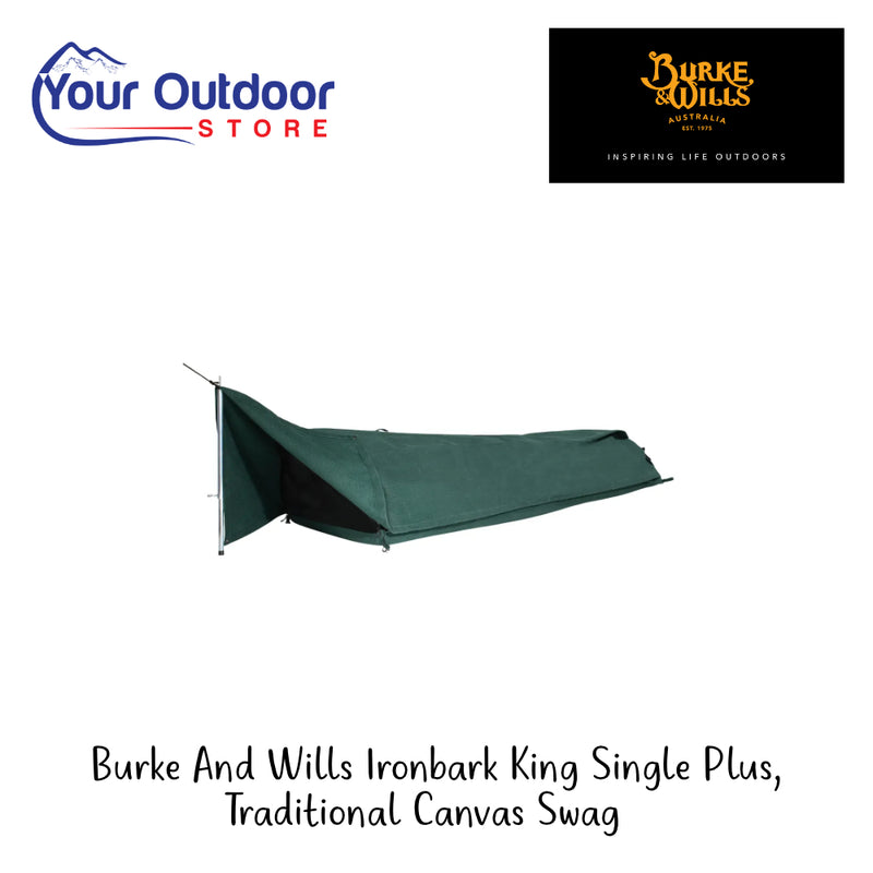 Burke & Wills Ironbark King Single Plus Traditional Canvas Swag | Hero Image Showing All Logos And Titles.