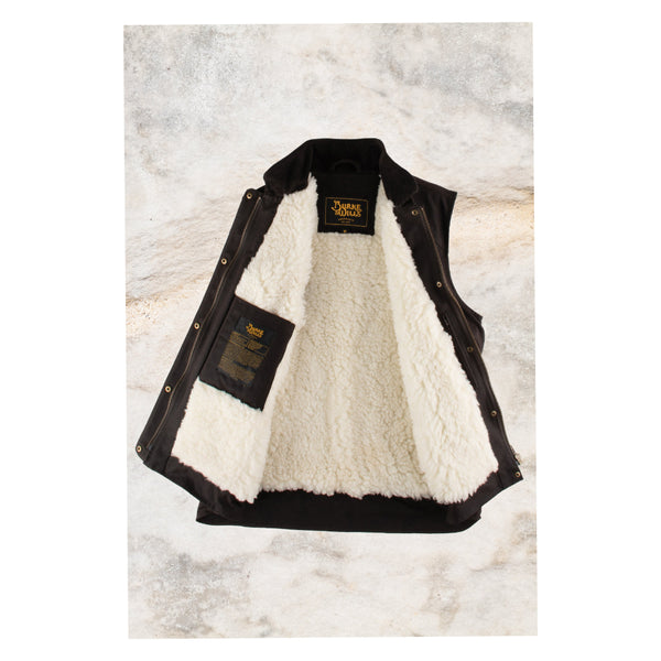 Brown | Burke And Wills Mens Derwent Vest Image Showing Front View, Zipper Open To Show The Sherpa Lining.