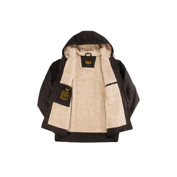 brown | Burke And Wills Mens King Jacket Image Showing Front View With Zipper Open Showing The Sherpa Lining.