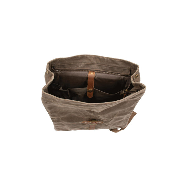 Army Green | Burke And Wills Morrison Backpack Image Showing Top View, With Backpack Open.
