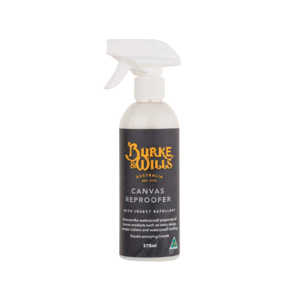 Burke and Wills Oilskin Canvas Reproofer With insect Repellent. Front View Showing Label and Spray Handle. 