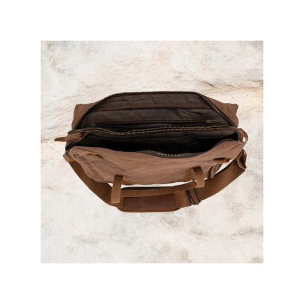 Coffee | Bure And Wills Paterson Shoulder Bag Image Showing Top View With Zip Open.