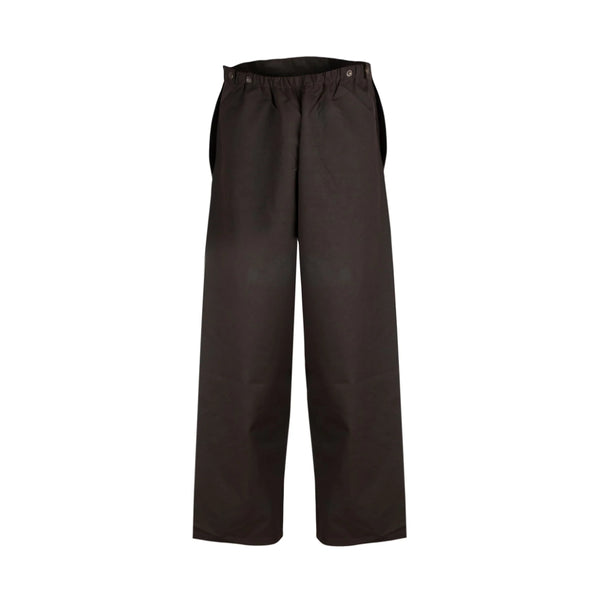 Brown | Burke and Wills Carpentaria Oilskin Overpants. Front View Showing Press Stud Closures.