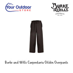 Burke and Wills Carpentaria Oilskin Overpants. Hero Image Showing Logos and Title. 