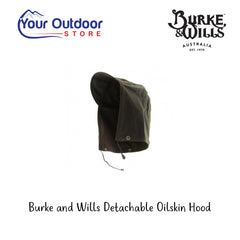 Burke and Wills Detachable Oilskin Hood. Hero Image Showing Logos and Title. 
