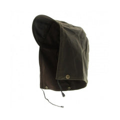 Brown | Burke and Wills Detachable Oilskin Hood. Angled Front/Side View Showing Peak and Domes. 