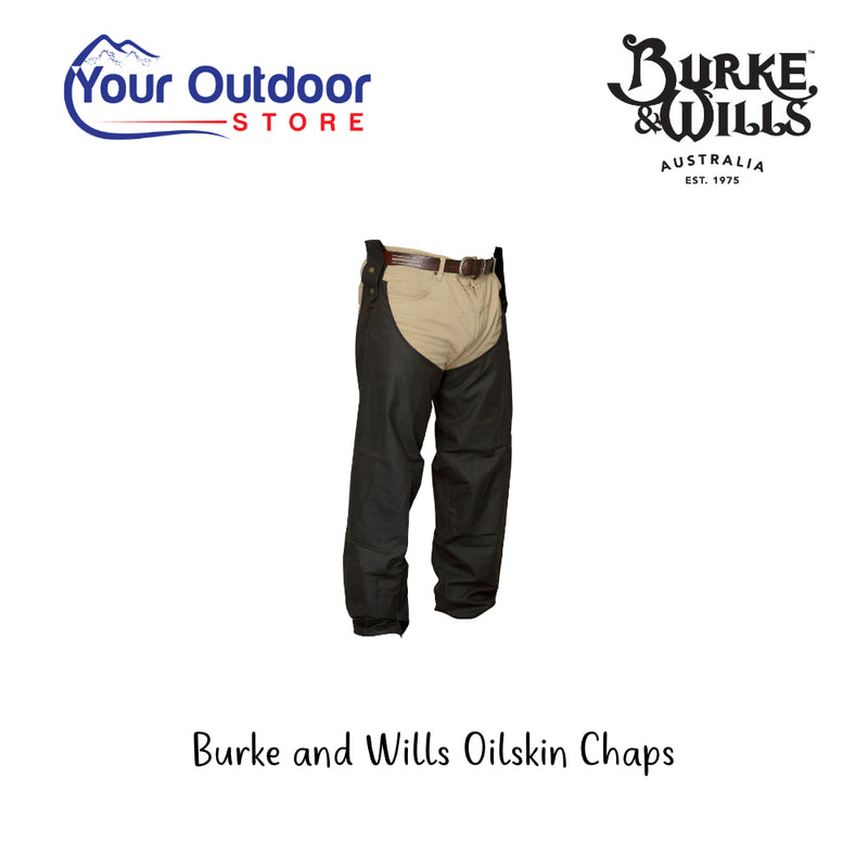 Burke and Wills Oilskin Chaps. Hero Image Showing Logos and Title.