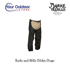 Burke and Wills Oilskin Chaps. Hero Image Showing Logos and Title.
