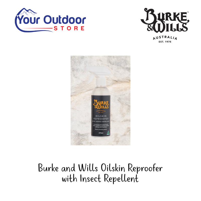 Burke and Wills Oilskin Reproofer with Insect Repellent. Hero Image Showing Logos and Title. 