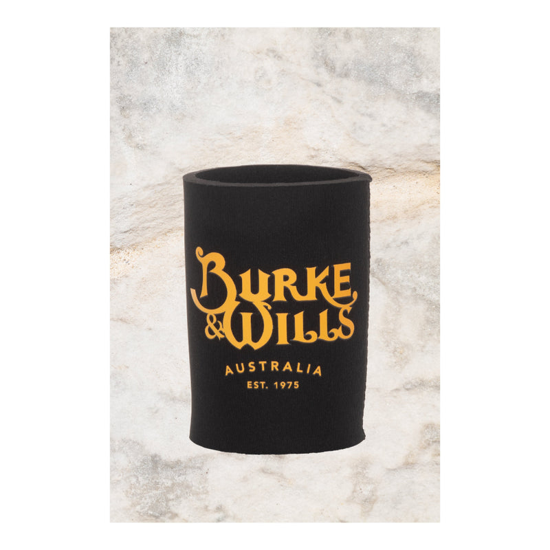 Black | Burke and Wills Stubby Holder - Front View Showing Logo. 