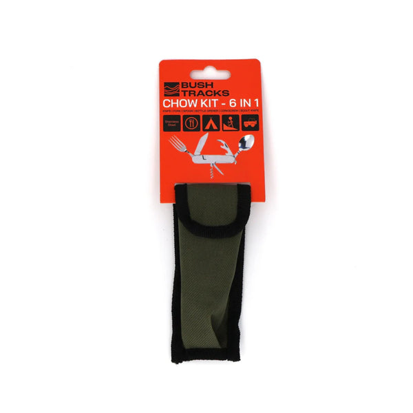 Bush Tracks Chow Kit | Image Show The 6 In 1 Kit Inside The Pouch, With Packaging Still Attached.