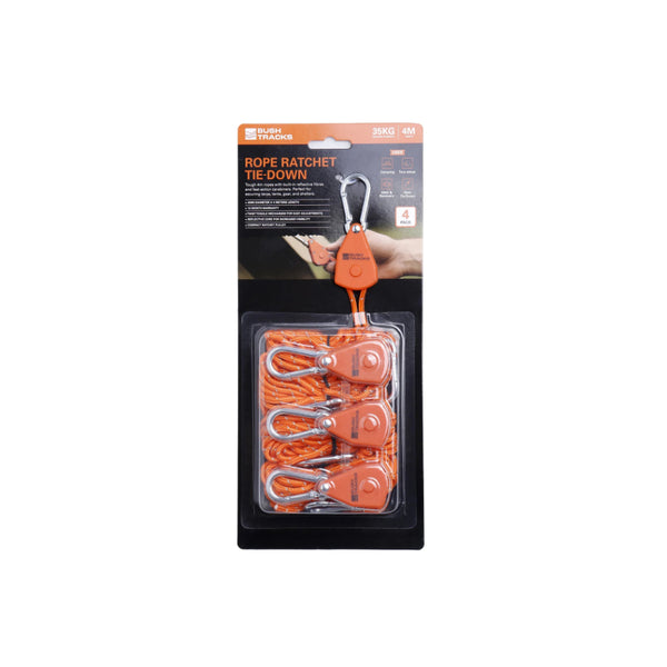 Orange | Bush Tracks Rope Ratchet Tie Downs Image Showing Tie Downs In The Packaging.