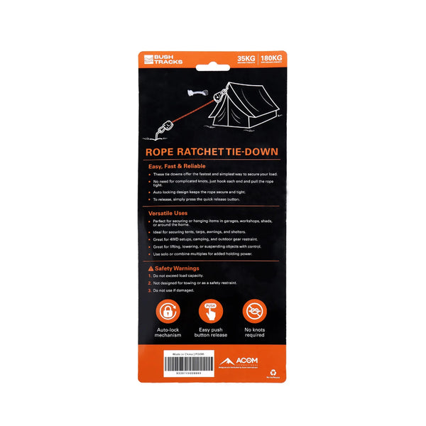 Orange | Bush Tracks Rope Ratchet Tie Downs Image Showing Back View Of The Packaging.