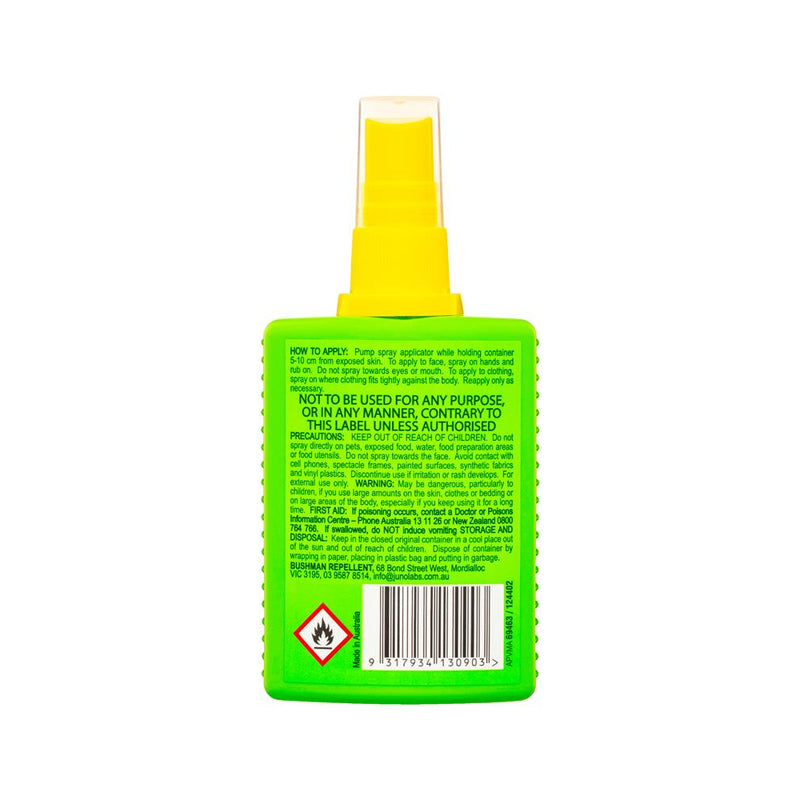 Bushman Plus Pump Spray | Image Showing Back Of Product Bottle.