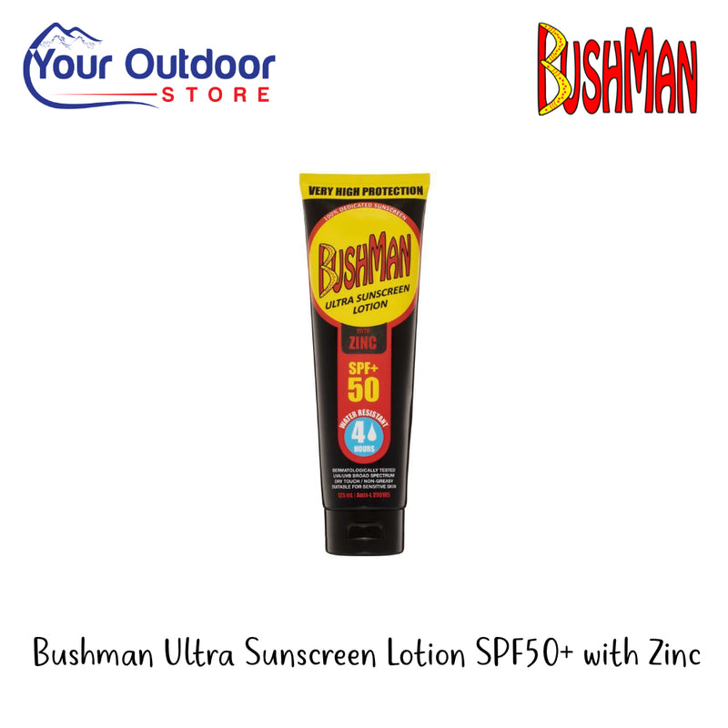 Bushman Ultra Sunscreen Lotion With Zinc | Hero Image Showing All Logos And Titles.