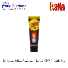 Bushman Ultra Sunscreen Lotion With Zinc | Hero Image Showing All Logos And Titles.