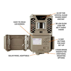 Brown | Bushnell Prime Trail Camera 24MP Brown Low Glow Image Showing Key Features Of The Trail Camera, Stock Images Used, Colours May Vary.