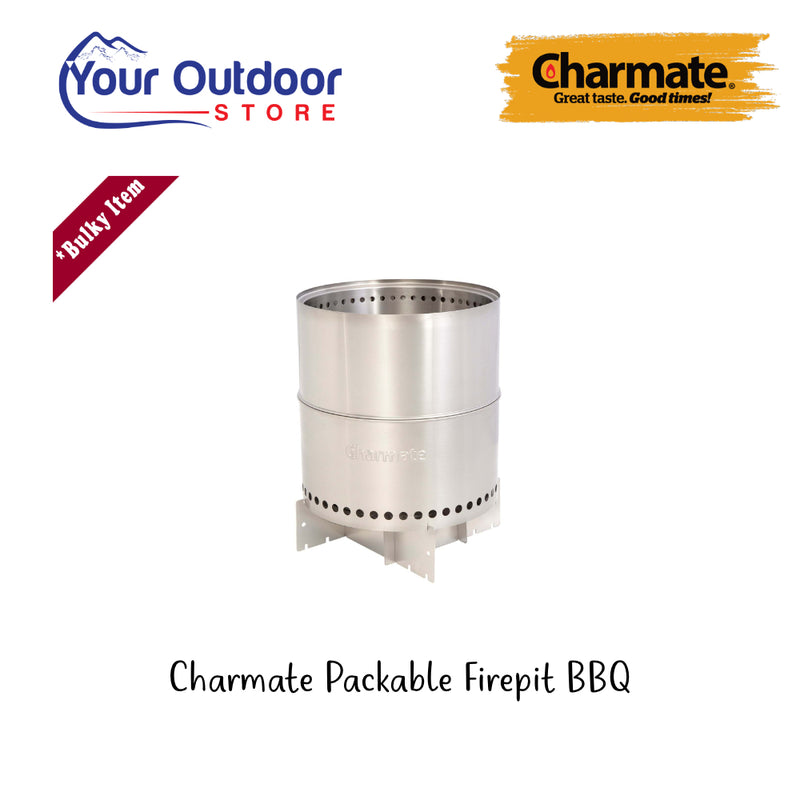 Charmate Packable Firepit BBQ. Hero Image Showing Logos and Title. 