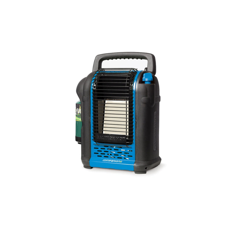 Blue | Companion Portable Propane Gas Heater - Front View Showing Propane Bottle Attached.