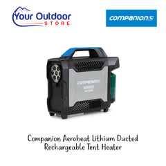 Companion Aeroheat Lithium Ducted Rechargeable Tent Heater. Hero Image Showing Logos and Title. 
