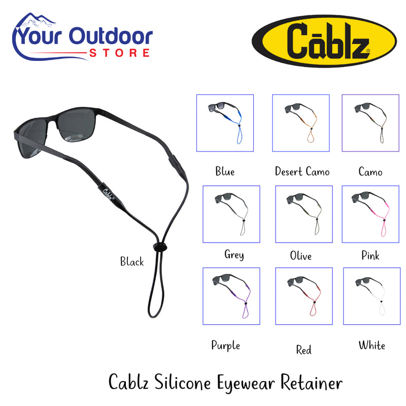 Cablz Silicone Eyewear Retainer | Hero Image Showing All Logos, Titles And Variants.